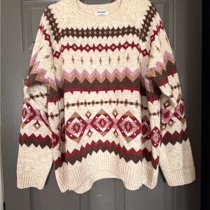Old Navy Women's Beige and Burgundy Geometric Sweater Large Tall